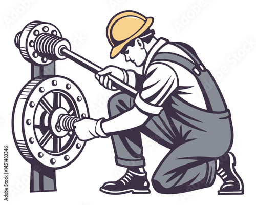 Vector of a worker performing maintenance on industrial equipment, isolated on white background.
