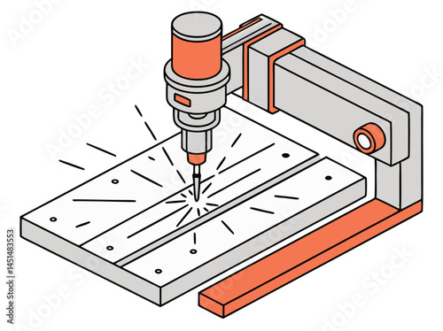 Vector of an automated laser metal cutting machine in action, isolated on white background.
