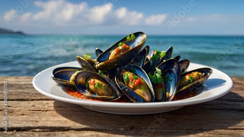 A delicious plate of spicy green mussels with balado chili sauce, seafood 