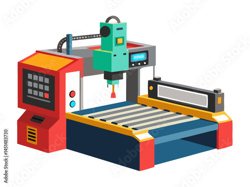 Vector of an automated laser metal cutting machine in action, isolated on white background.
