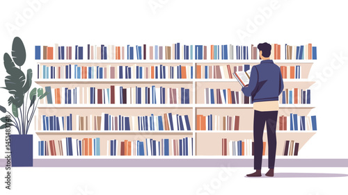 This vector illustration depicts a man with his back to the viewer browsing a wall of bookshelves filled with colorful books in a library. The style is flat design, simple and clear.
