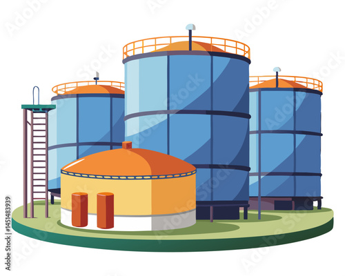 Vector of large cylindrical oil storage tanks in an industrial zone, isolated on white background.
