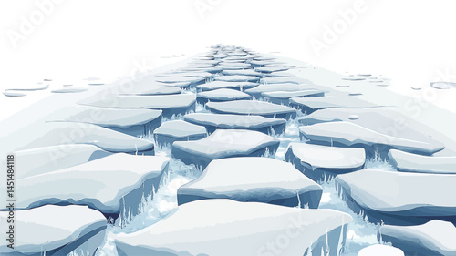 A high-angle shot of a path of broken ice stretching off into the distance. The ice is primarily white, with varying shades of light blue visible in the cracks.