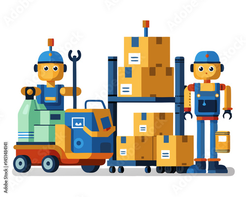 Vector of automated robots transporting goods in a smart warehouse, isolated on white background.
