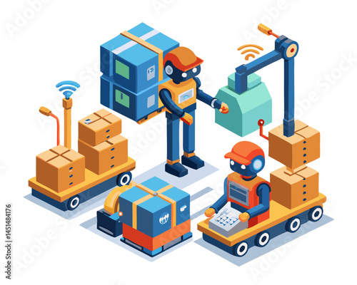 Vector of automated robots transporting goods in a smart warehouse, isolated on white background.
