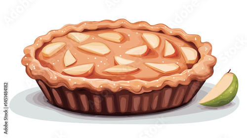 high angle close up studio photo of a whole apple pie laid out on a white surface. The pie crust is slightly glossy and golden brown, and the apple slices are clearly visible and overlapped.
