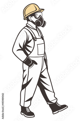 Vector of a factory worker wearing full protective gear and mask, isolated on white background.
