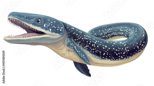A detailed digital painting or illustration of an ichthyosaur, an extinct marine reptile. The work shows the creature's streamlined body and powerful jaws filled with sharp teeth.