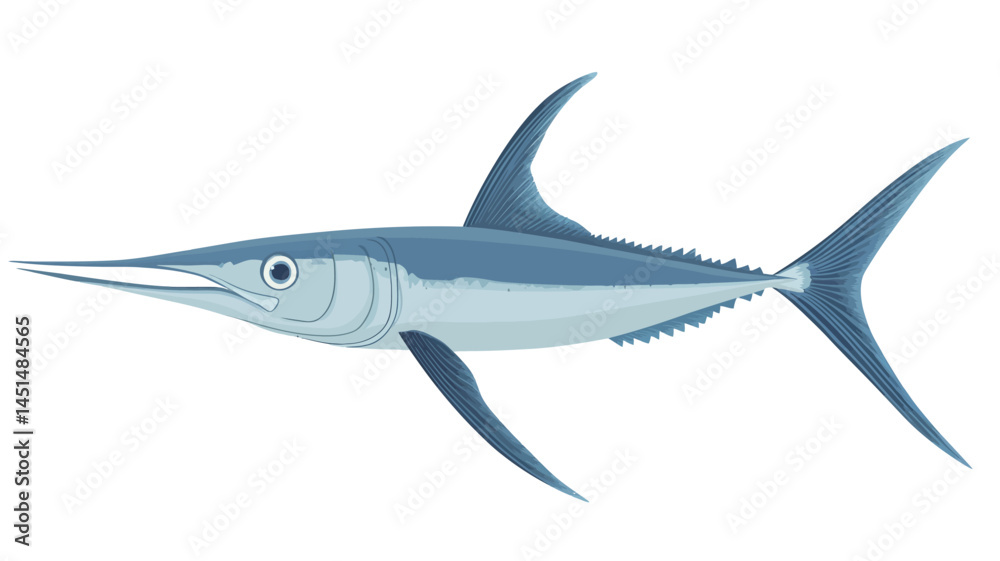 Fototapeta premium A stylized digital illustration of a swordfish, rendered in cool blue and white tones against a pure white background. The fish is shown in profile, showing its elongated bill.