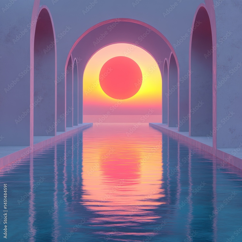 Serene sunset reflection tranquil pool digital art minimalist design aesthetic viewpoint calmness concept