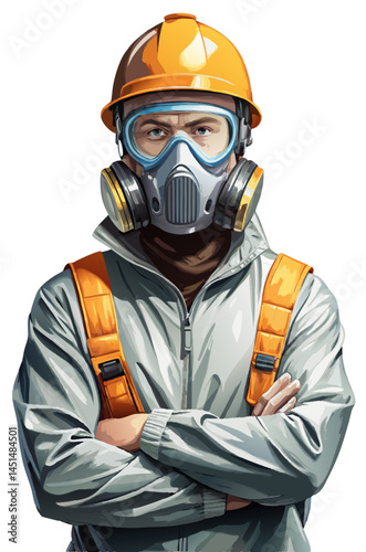 Vector of a factory worker wearing full protective gear and mask, isolated on white background.
