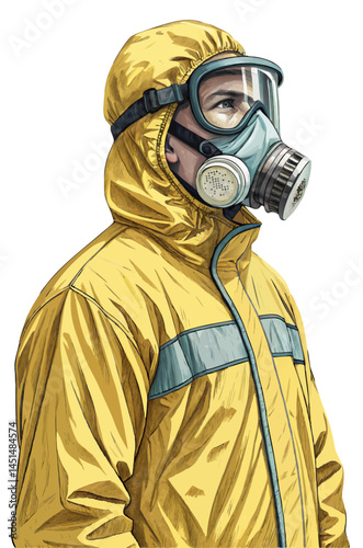 Vector of a factory worker wearing full protective gear and mask, isolated on white background.
