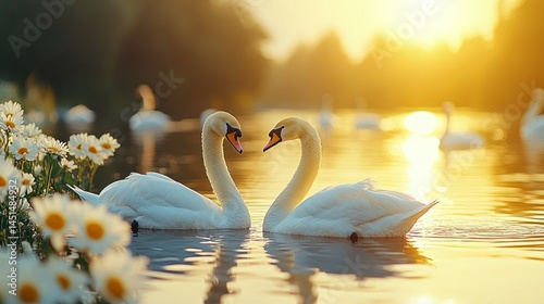 Fototapeta Naklejka Na Ścianę i Meble -  Two swans in love at sunset