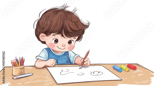 whimsical digital painting or illustration depicts a little boy sitting at a wooden table, concentrating on drawing on a large white paper. The boy's image is rendered in a soft, painterly style.