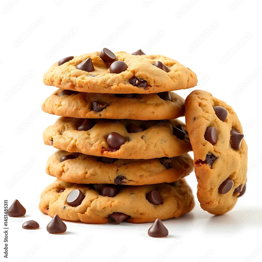 Naklejka premium Stack of chocolate chip cookies, isolated on transparent background, crispy and realistic texture