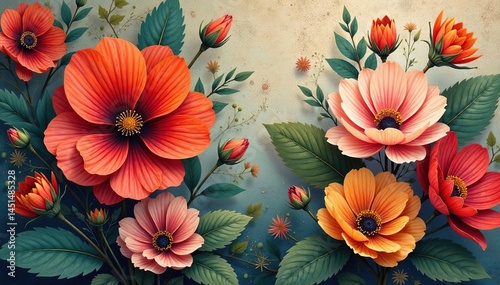 Wallpaper Mural Bold stylized blossoms, muted earth tones, geometric weave , texture, minimal, geometric Torontodigital.ca