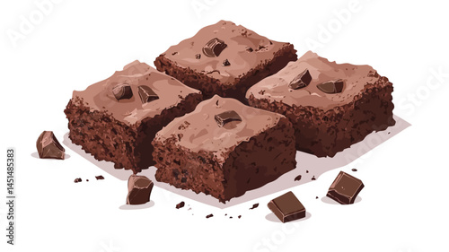 A high-angle close-up depicts four square chocolate brownies arranged in a slightly overlapping pattern on a pure white background. Each brownie is a rich dark brown color.