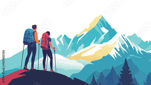 A stylized vector illustration of two hikers standing on a rocky outcrop. They are carrying backpacks.