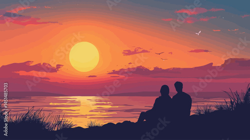 A digital illustration of a couple sitting and enjoying a gorgeous sunset over still water. The tones are warm and saturated.