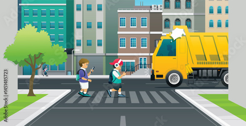 School children are careless and playing with their phones while crossing the road.
