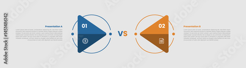2 stage infographic diagram opposite comparison with creative arrow with outline circle with two step for slide presentation