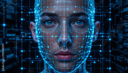 Human and AI faces merge in a digital divide. Concept: Future of Identity.


