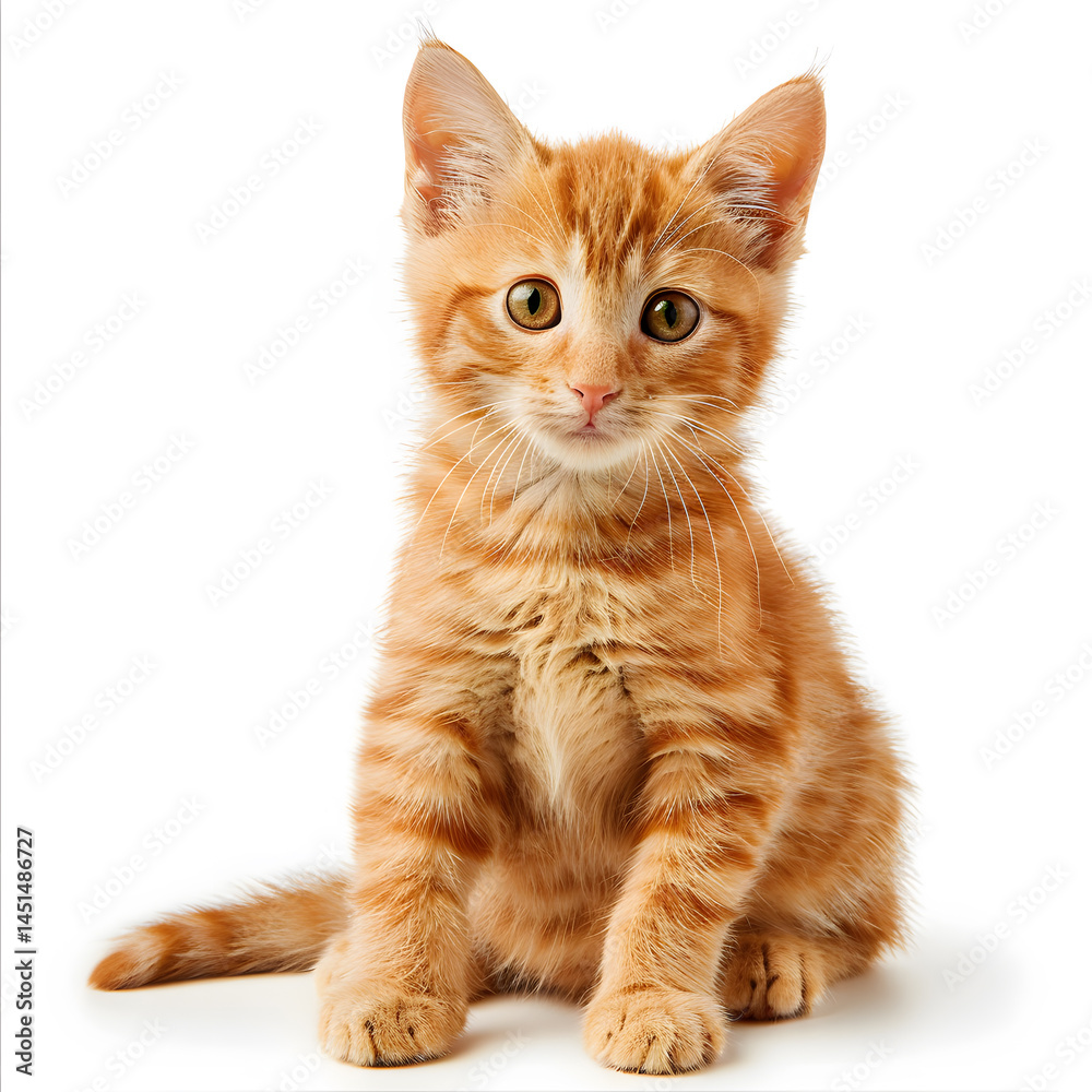 Fototapeta premium Cute orange tabby kitten sitting on white background