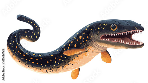 A detailed digital illustration of a Tiktaalik fish, a transitional fossil between fish and tetrapods, shows its laterally compressed body and serpentine tail.