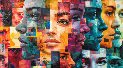 vibrant, colorful collage of faces in various sizes and shapes, arranged on top of each other to create an abstract representation of the human race