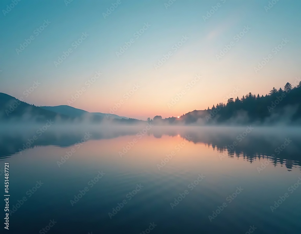 Obraz premium A tranquil dawn scene reveals mist hanging over a serene lake reflecting soft sunrise colors.