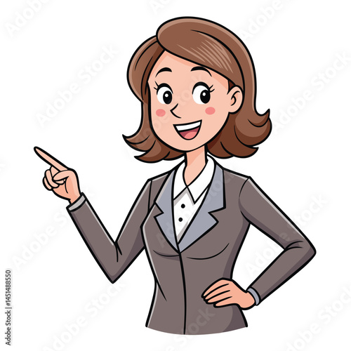 Business woman pointing finger at something. Happy face. Hand drawn style vector design illustrations. 