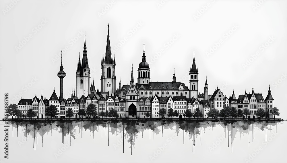 Fototapeta premium Nürnberg skyline detailliert, Nuremberg skyline silhouette in line art style