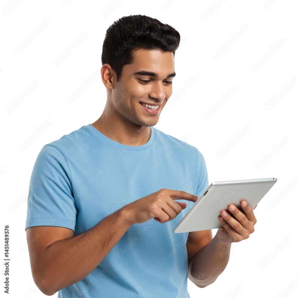 Man in blue shirt smiles while interacting with a tablet in his hands with a focused expression on transparent background Man in blue shirt smiles while interacting with a tablet in his hands with a focused expression on transparent background