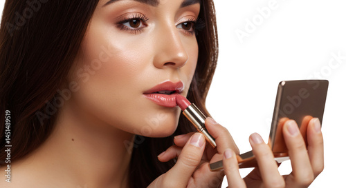 Woman applying lipstick while holding a mirror displaying beauty and makeup routine close up view on transparent background