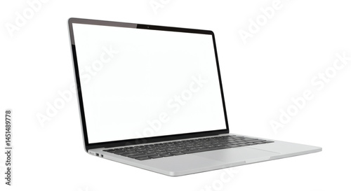 Open laptop with a blank white screen displaying a modern design and sleek silver finish device on transparent background