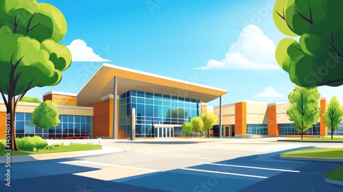 Modern school building exterior. Lush green trees and parking lot