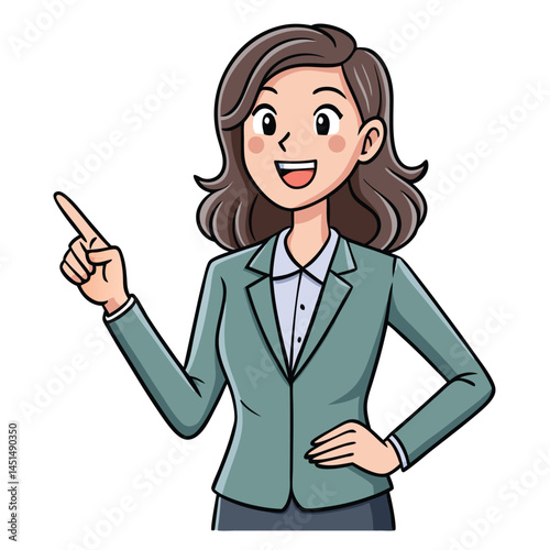 Business woman pointing finger at something. Happy face. Hand drawn style vector design illustrations. 