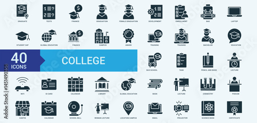 College graduation icon collection set with graduate, diploma, tests