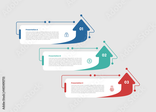 3 stage infographic diagram with outline arrow growth increase step top direction with 3 step for slide presentation
