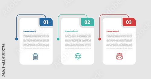 3 stage infographic diagram with round rectangle box table with badge separated with 3 step for slide presentation