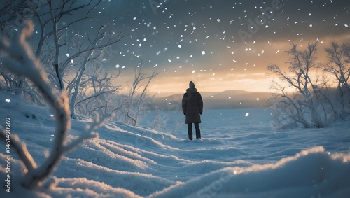 Person standing in snowy landscape during snowfall at sunset