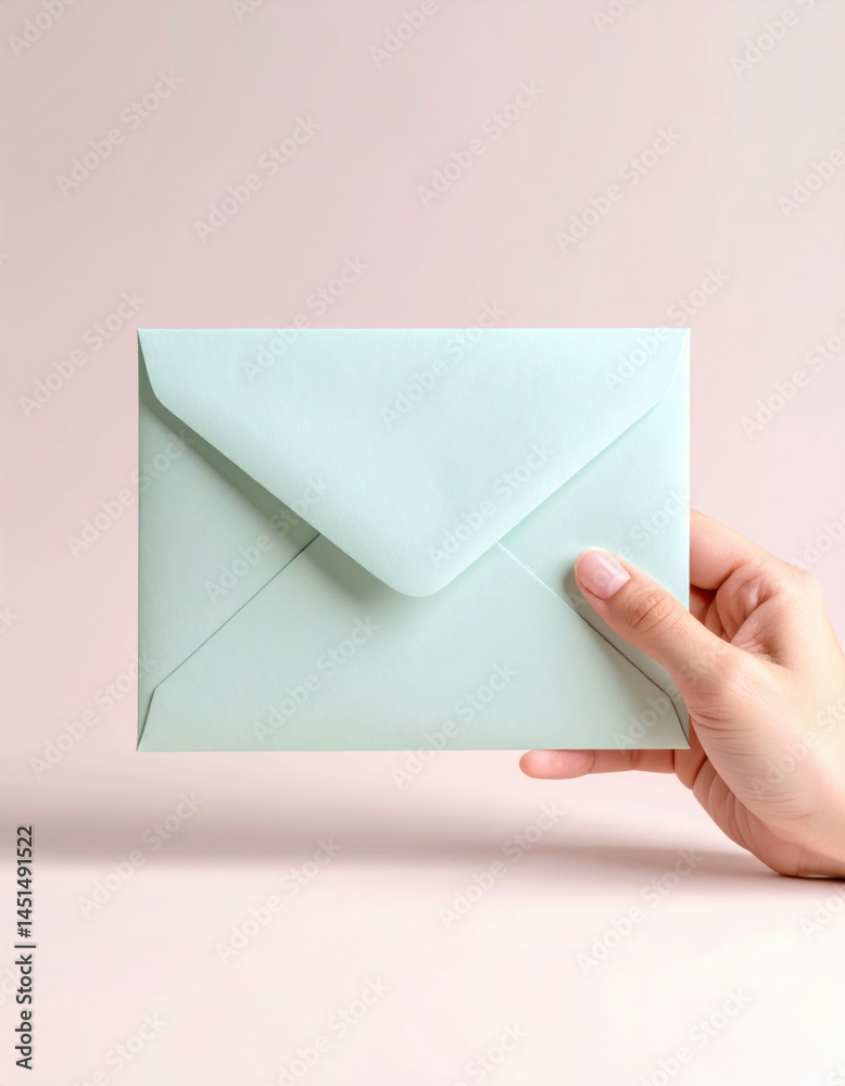 Fototapeta premium Hand Holding Light Mint Envelope Against Soft Pink Background