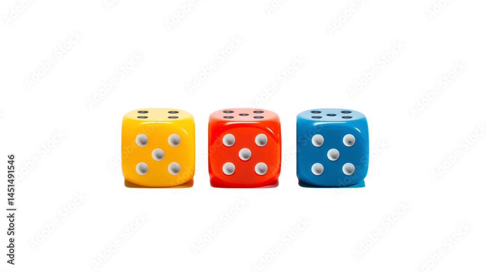 Three colorful dice with white dots arranged in a row on black background Three colorful dice with white dots arranged in a row on black background