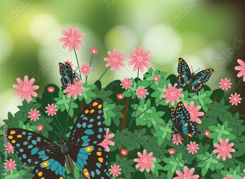 Butterflies Among Pink Flowers in Lush Garden