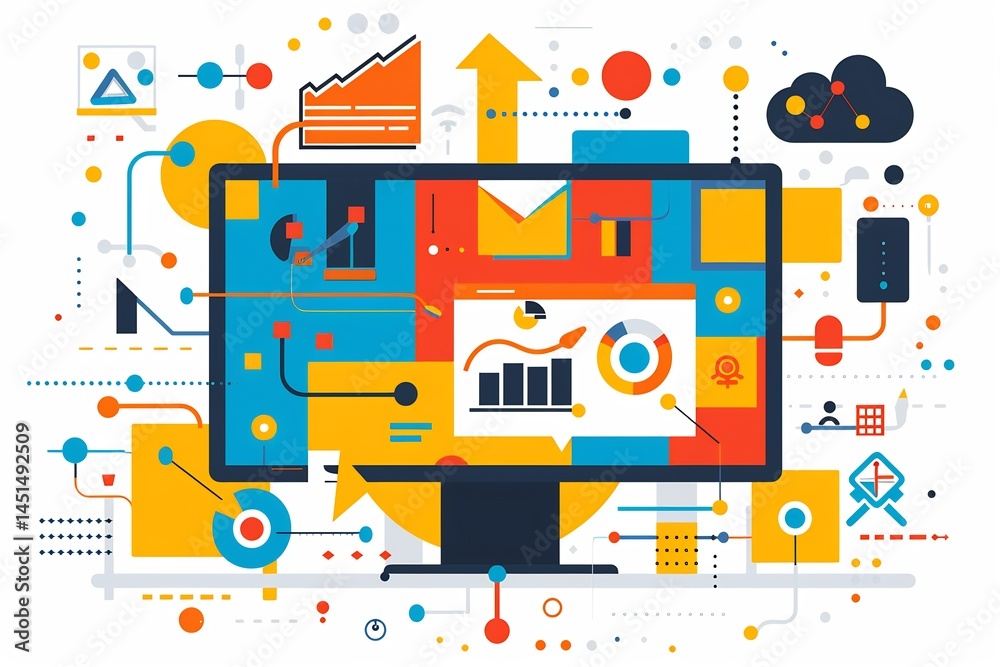 Fototapeta premium Bright executive suite depicting a transformative digital marketing evolution forum where experts refine cross platform campaigns with data driven insights Marketing evolution refined