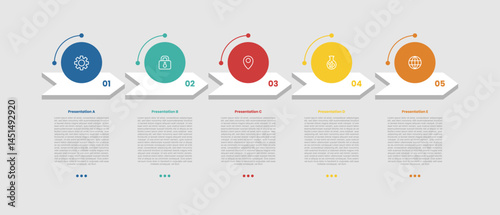 5 stage infographic diagram with circle with arrow on horizontal direction with 5 step for slide presentation
