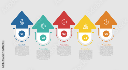 5 stage infographic diagram with creative arrow top direction up and down with 5 step for slide presentation