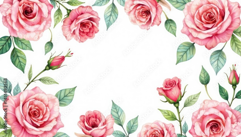Fototapeta premium Delicate watercolor roses & leaves, repeating seamlessly , repeating, pattern