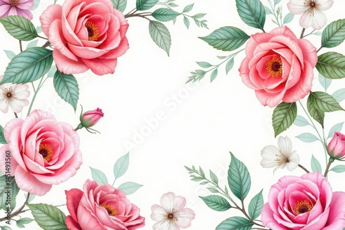 Delicate watercolor roses & leaves, repeating pattern, floral background, rose