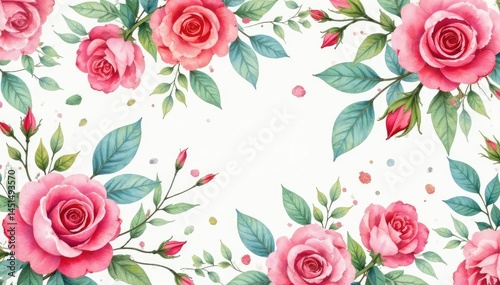 Delicate watercolor roses & leaves, repeating pattern, pink, flower background